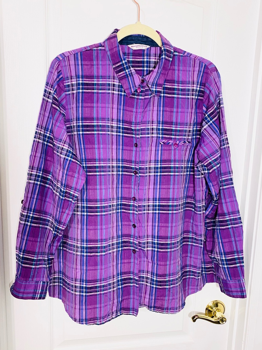 Allison Daley Plaid Crinkle Material Button Front Shirt Purple Size 1X